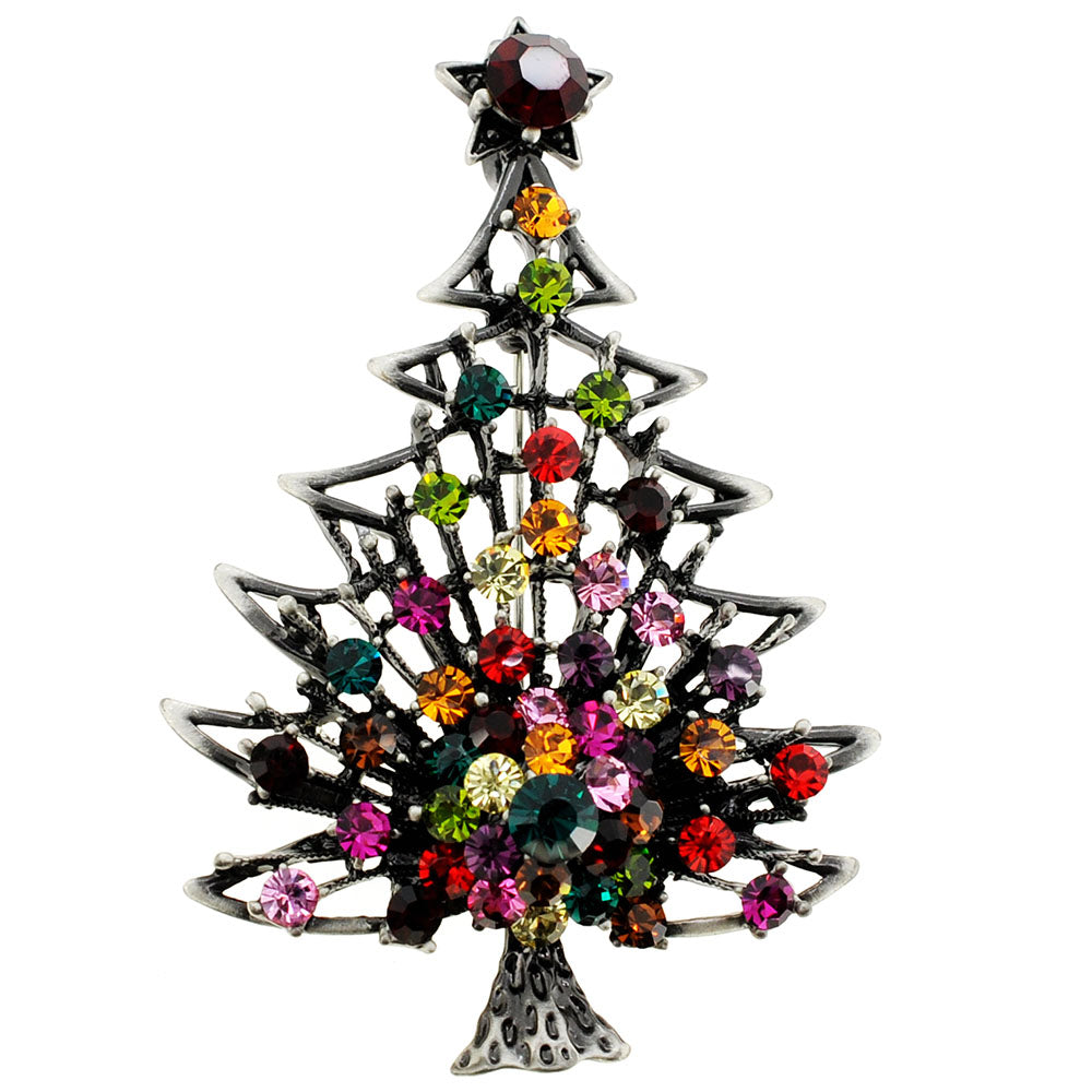 Brass Christmas Tree with Colorful Star Crystal Pin Brooch