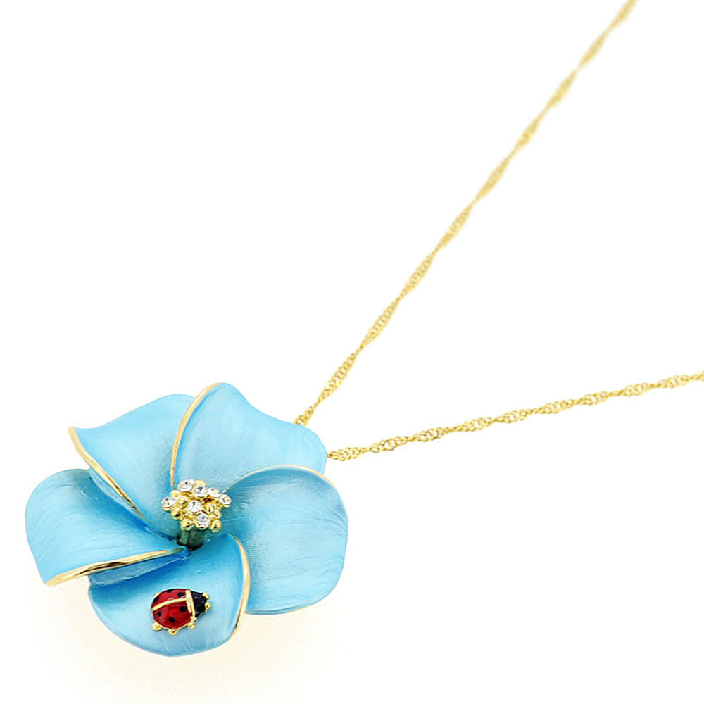 Blue Hawaiian Plumeria With Red Ladybug Swarovski Crystal Pin Brooch and Pendant