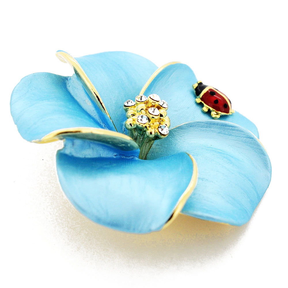 Blue Hawaiian Plumeria With Red Ladybug Swarovski Crystal Pin Brooch and Pendant