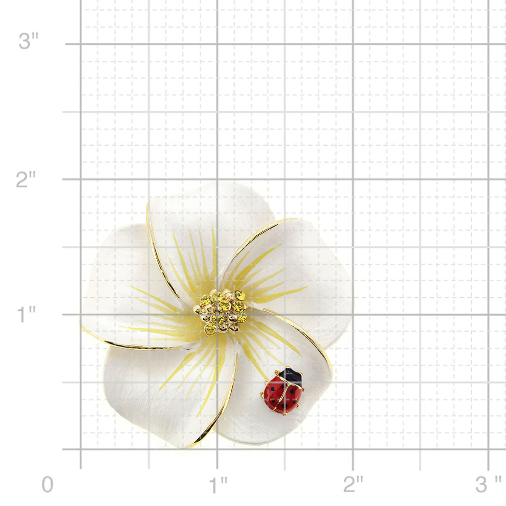 White Hawaiian Plumeria With Red Ladybug Swarovski Crystal Flower Pin Brooch and Pendant