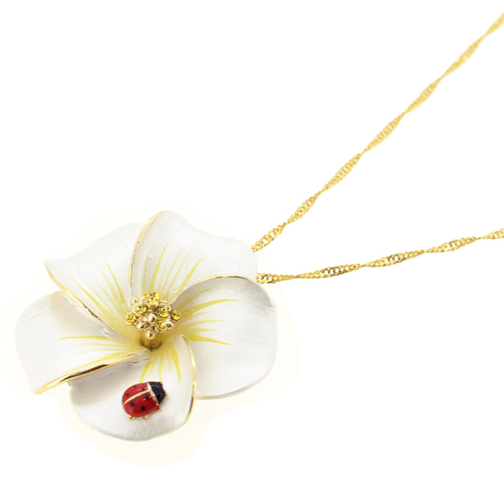 White Hawaiian Plumeria With Red Ladybug Swarovski Crystal Flower Pin Brooch and Pendant