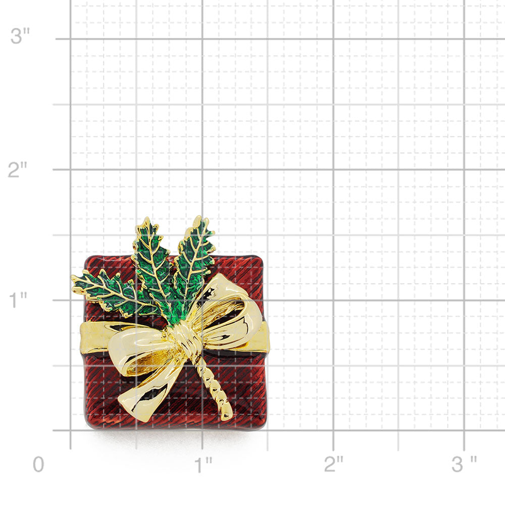 Large Red Giftbox With Golden Bow Pin Brooch