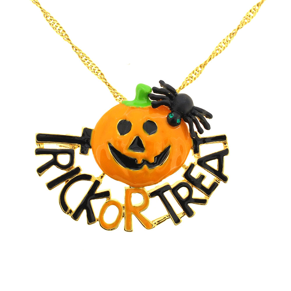 Trick or Treat Pumpkin With Spider Halloween Pin Brooch And Pendant