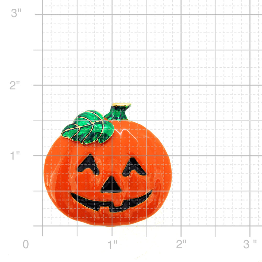 Enamel Halloween Pumpkin With Green Leaf Pin Brooch