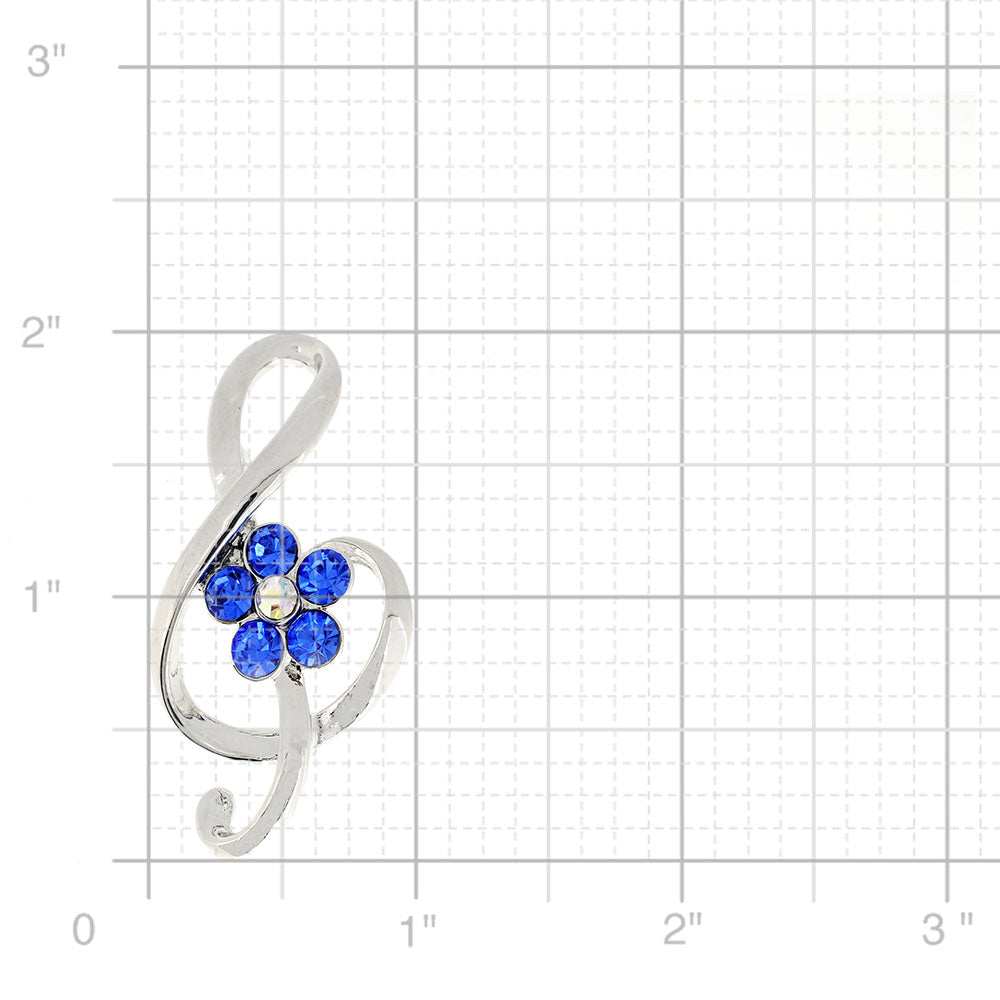 Music Note with Blue Flower Crystal Pin Brooch