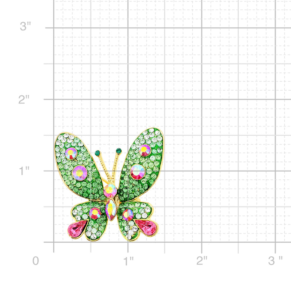 Green and Pink Butterfly Crystal Pin Brooches