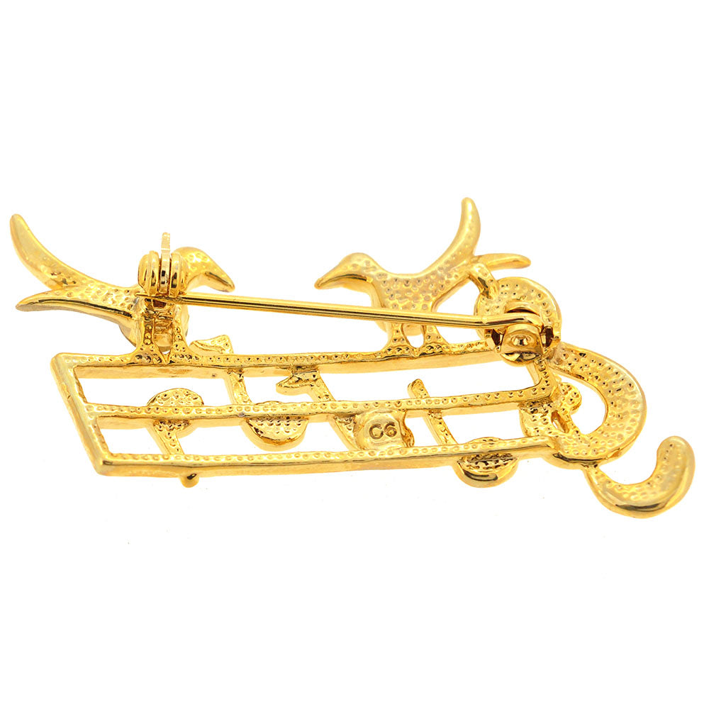 Golden Topaz Brown Music Note With Two Birds Swarovski Crystal Pin Brooch