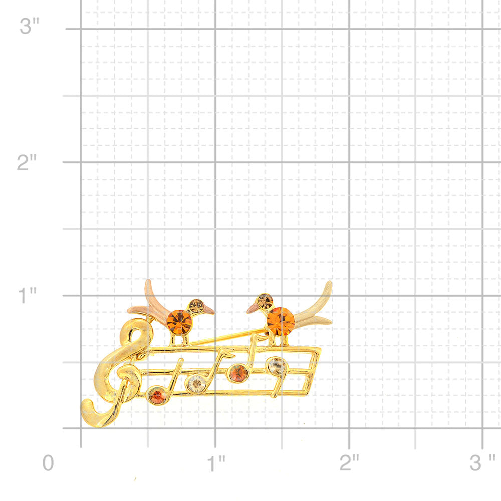 Golden Topaz Brown Music Note With Two Birds Swarovski Crystal Pin Brooch
