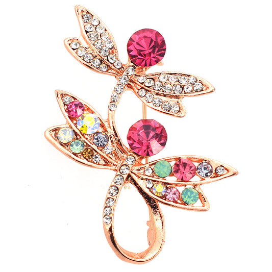 Golden Pink Dragonfly Crystal Pin Brooch