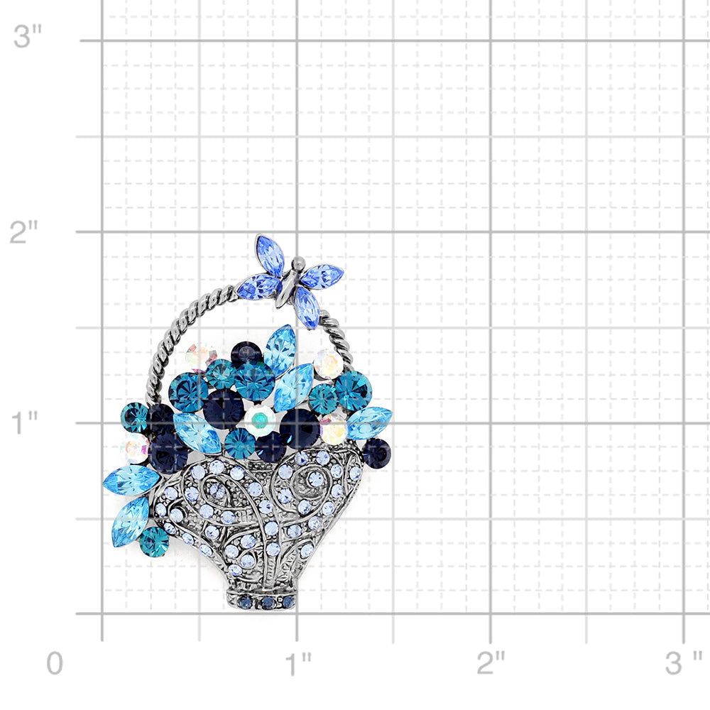 Multi Blue Flower Basket With Butterfly Swarovski Crystal Pin Brooch