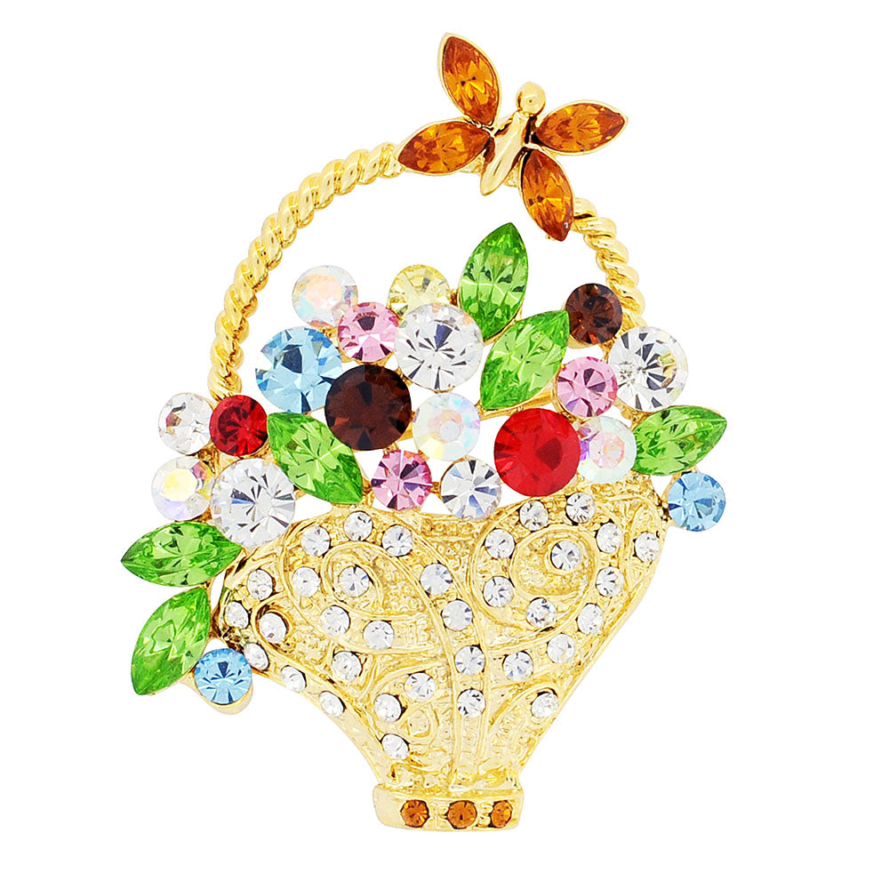 Multicolor Flower Basket With Butterfly Swarovski Crystal Pin Brooch