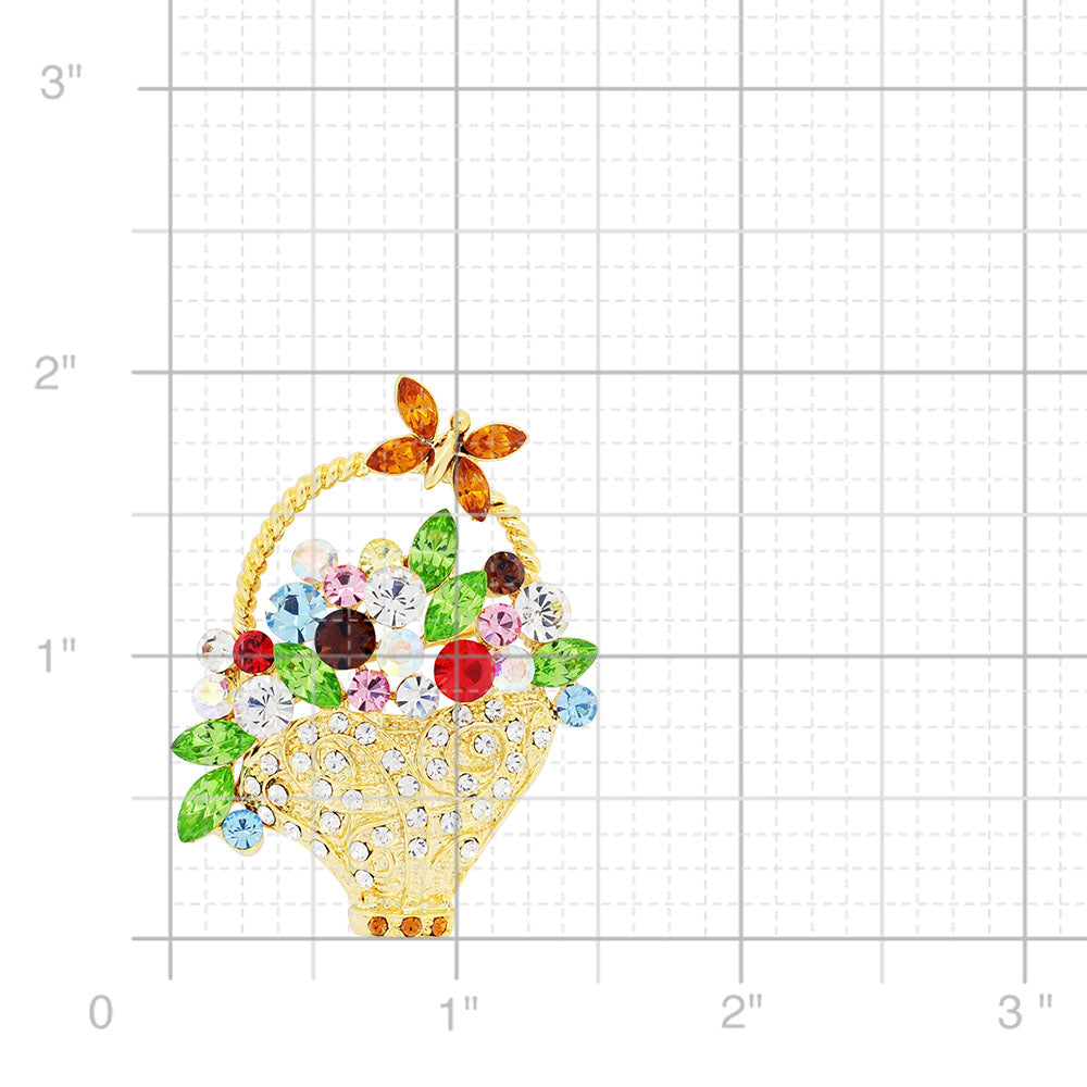 Multicolor Flower Basket With Butterfly Swarovski Crystal Pin Brooch