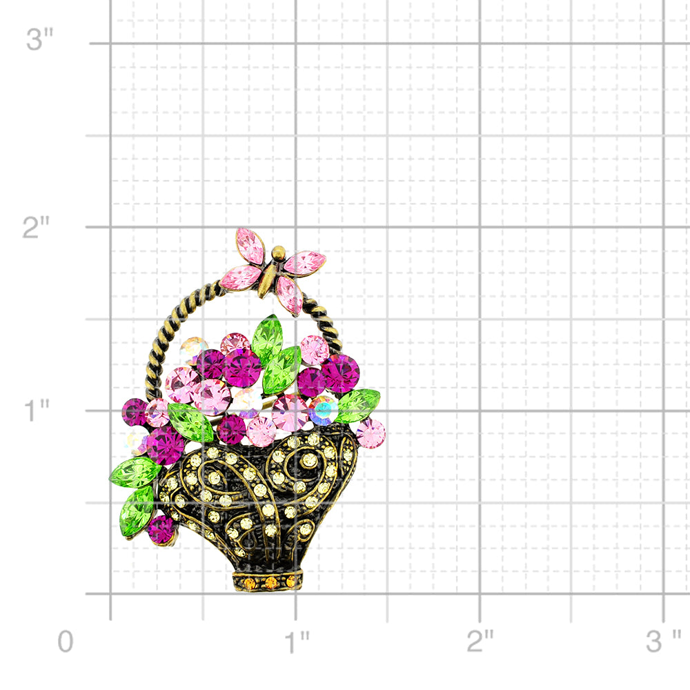 Multicolor Flower Basket With Butterfly Swarovski Crystal Pin Brooch