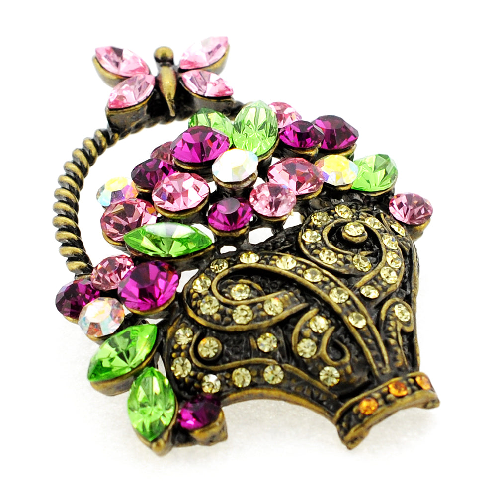 Multicolor Flower Basket With Butterfly Swarovski Crystal Pin Brooch