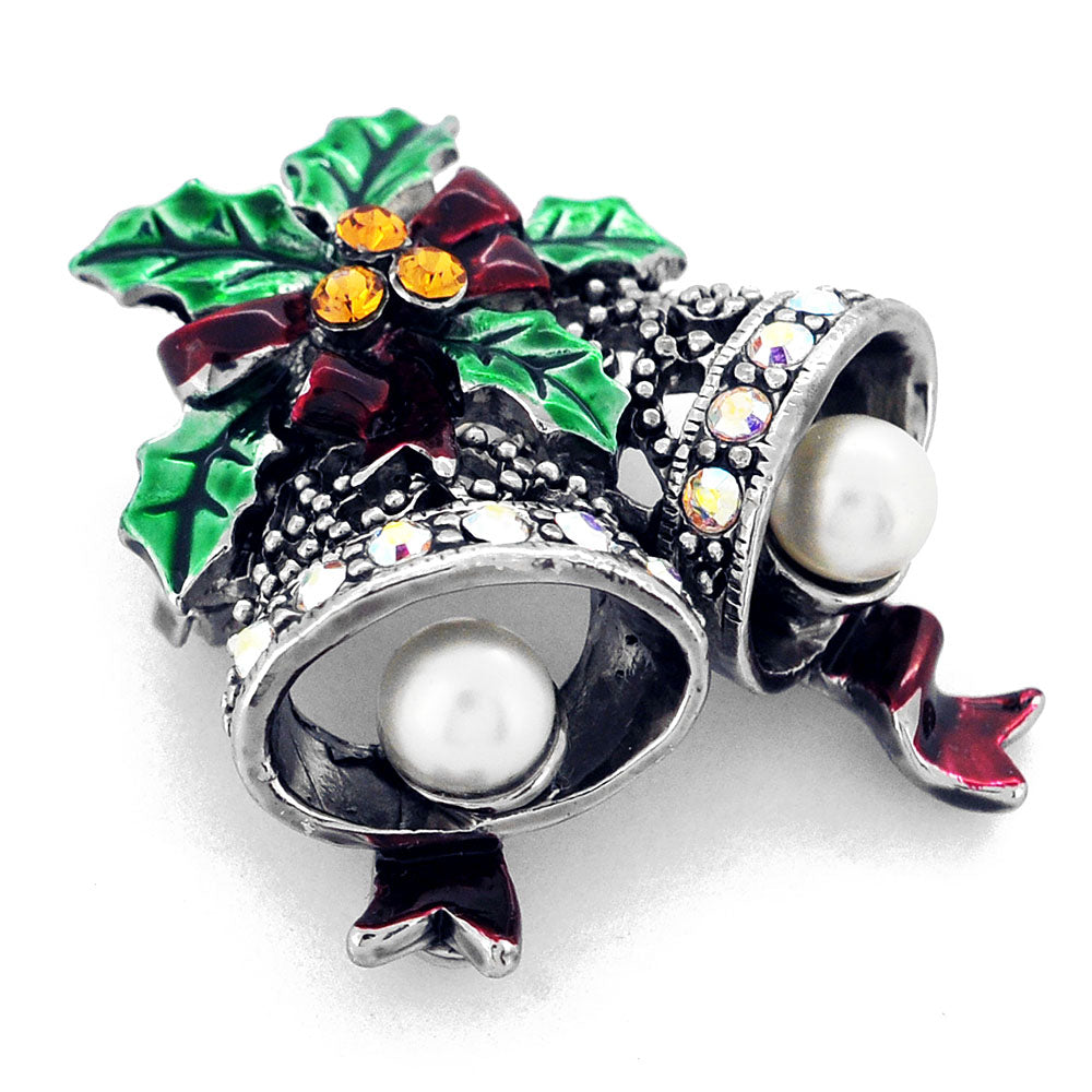 Vintage Style Christmas Bell Bow Swarovski Crystal Brooch Pin