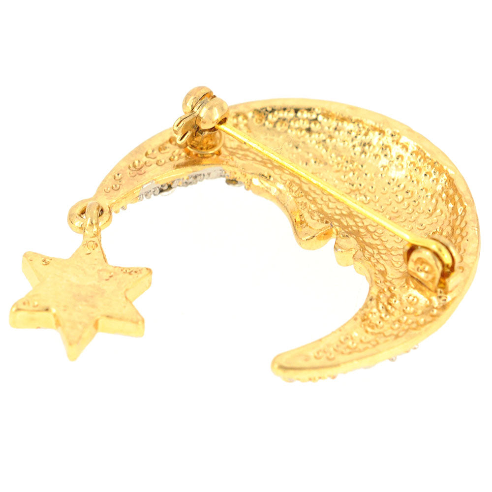 Half Moon Face And Star Crystal Brooch Pin