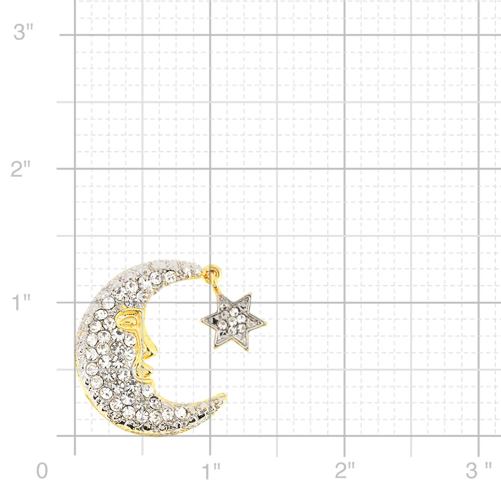 Half Moon Face And Star Crystal Brooch Pin