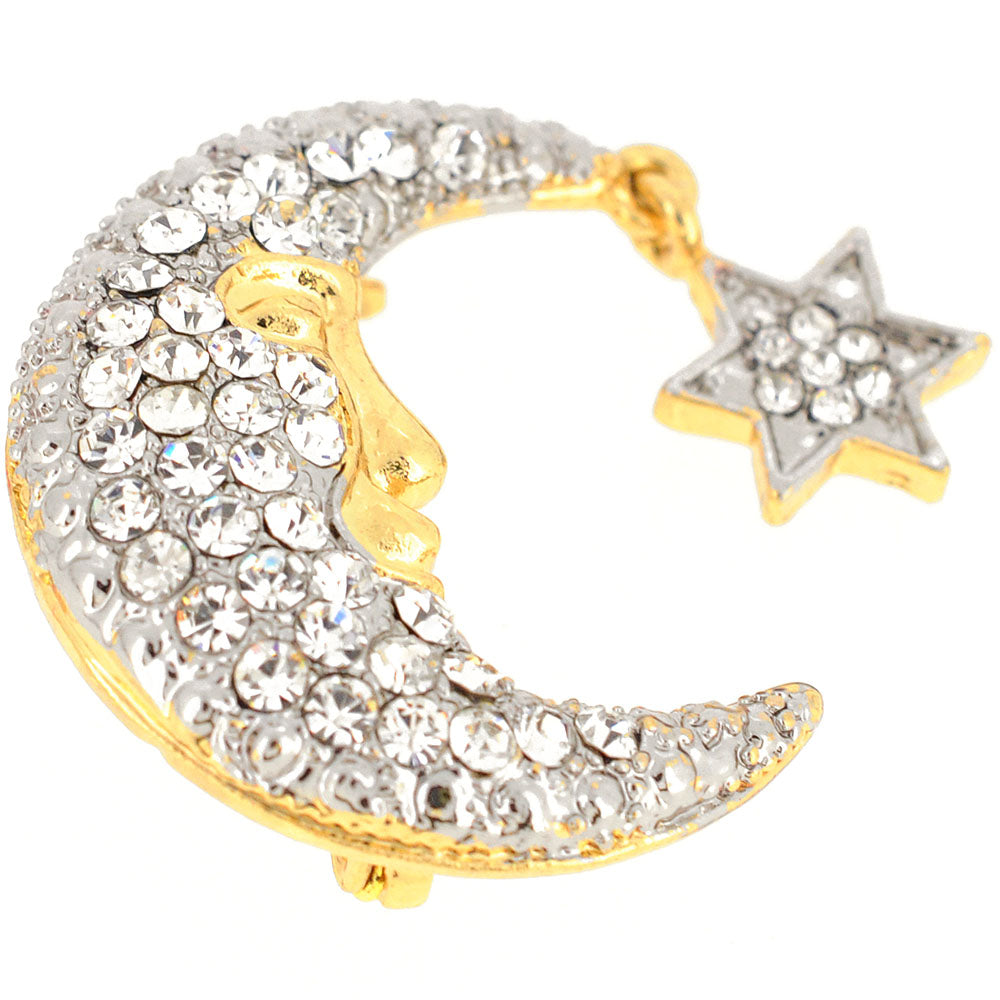Half Moon Face And Star Crystal Brooch Pin