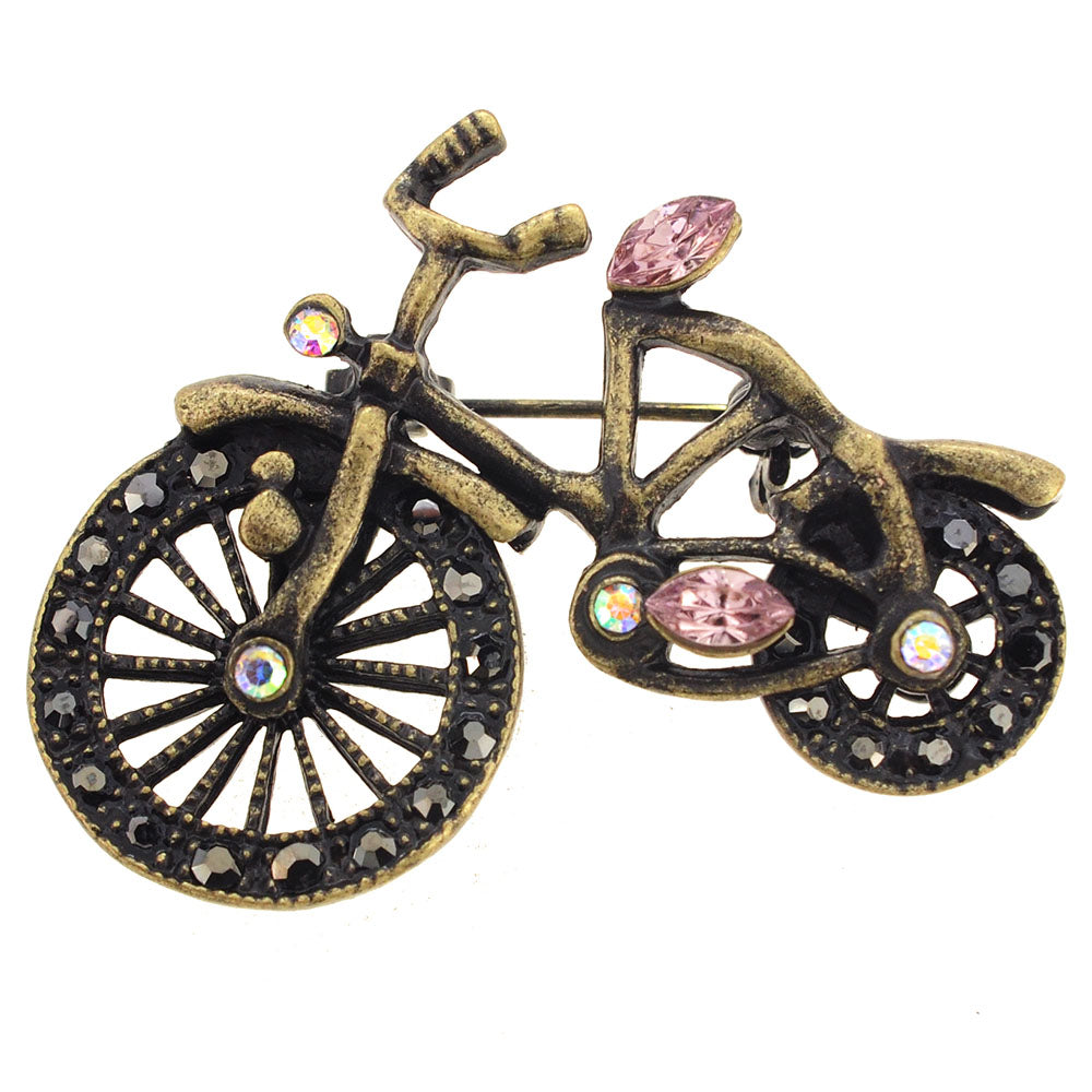 Vintage Style Brass Bicycle Crystal Brooch Pin