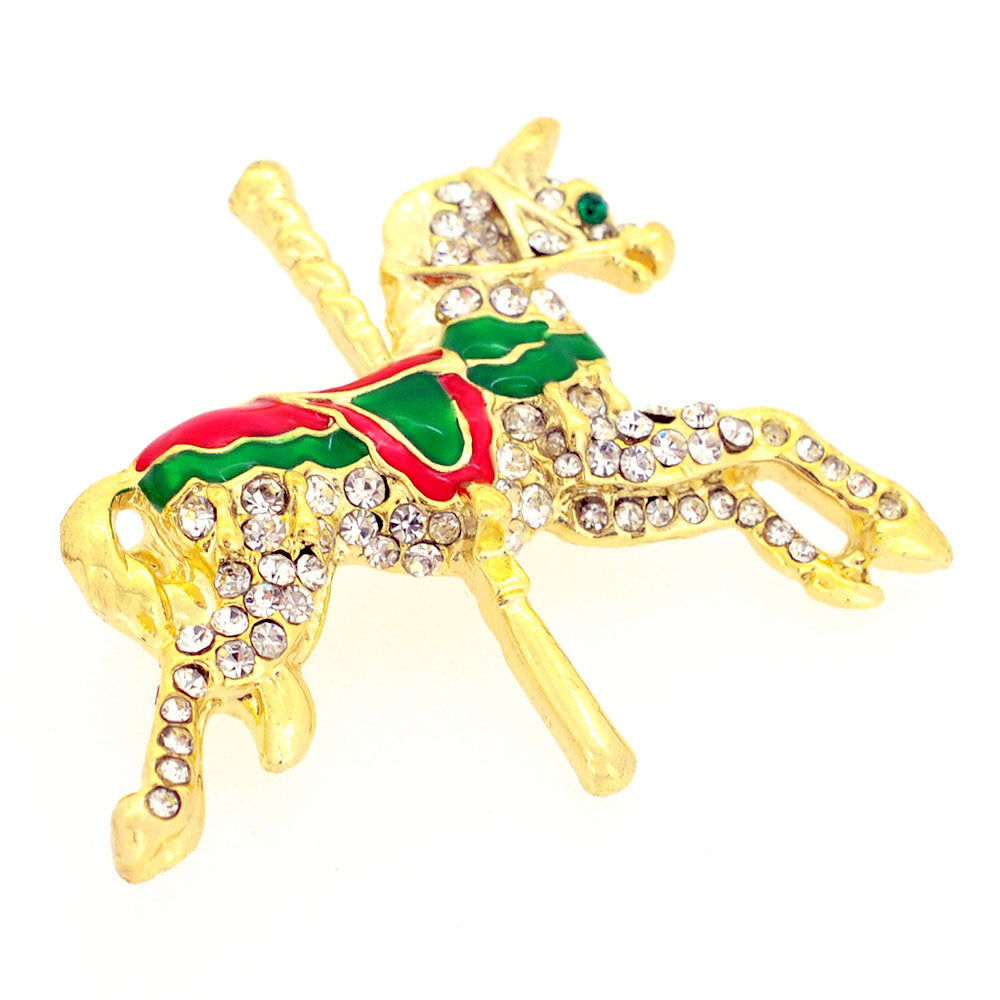 Golden Carrousel Horse Crystal Pin Brooch