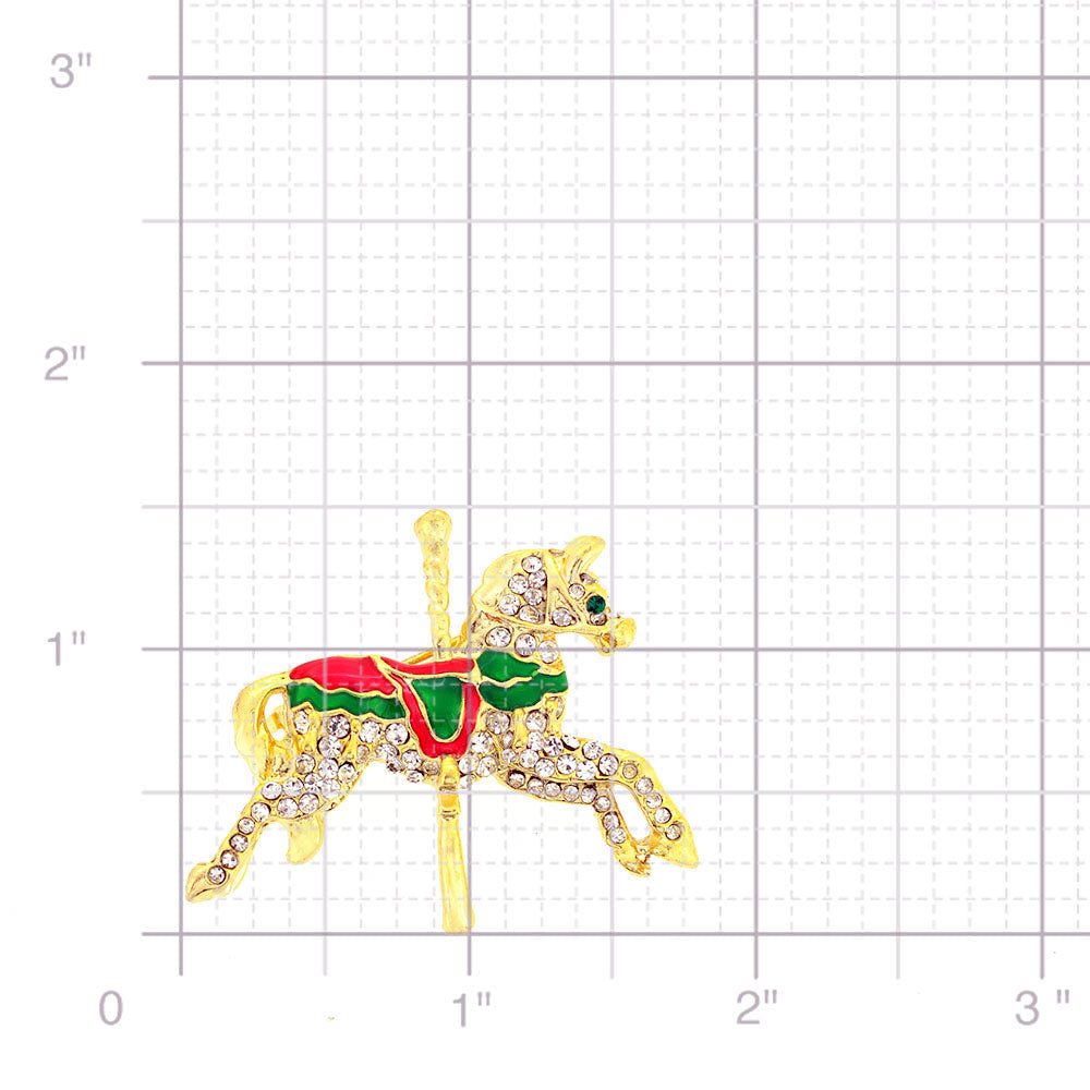 Golden Carrousel Horse Crystal Pin Brooch