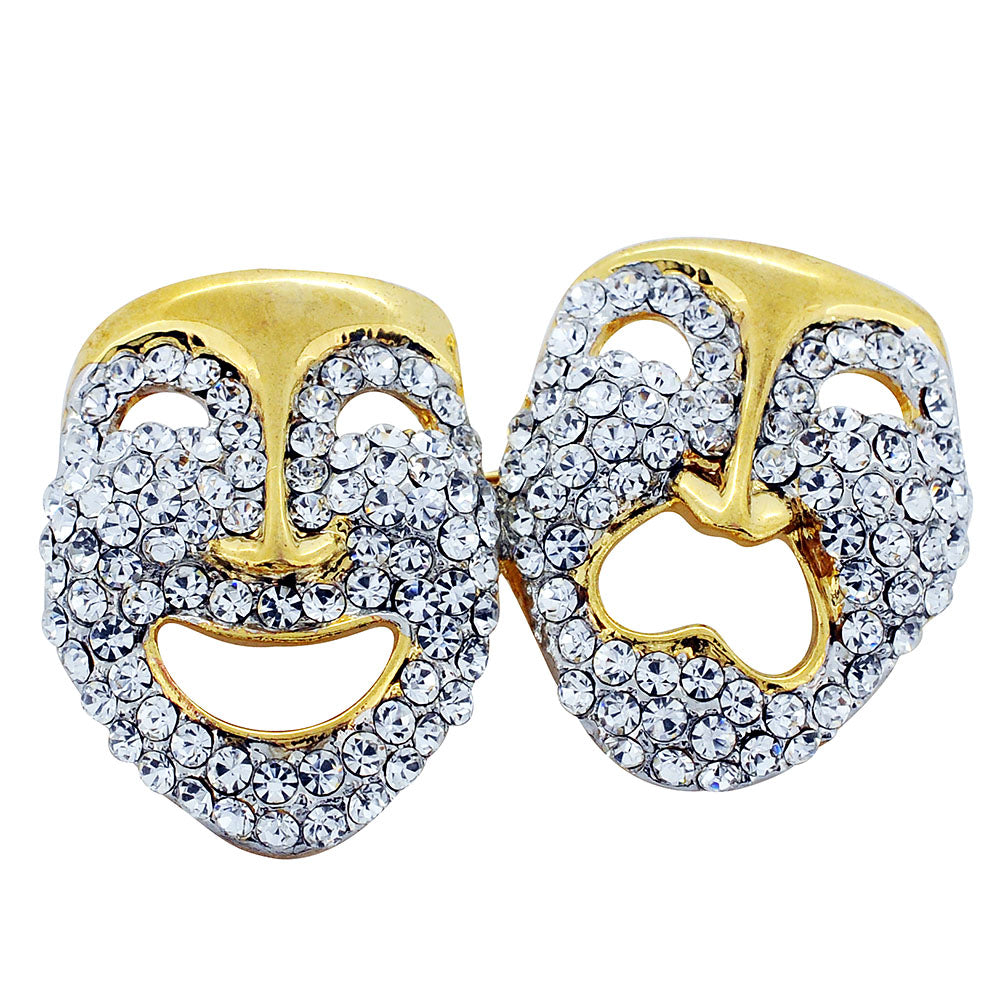 Golden Crystal Masquerade Mask Brooch Pin