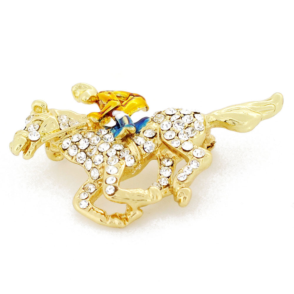 Golden Horse Racing Crystal Brooch Pin