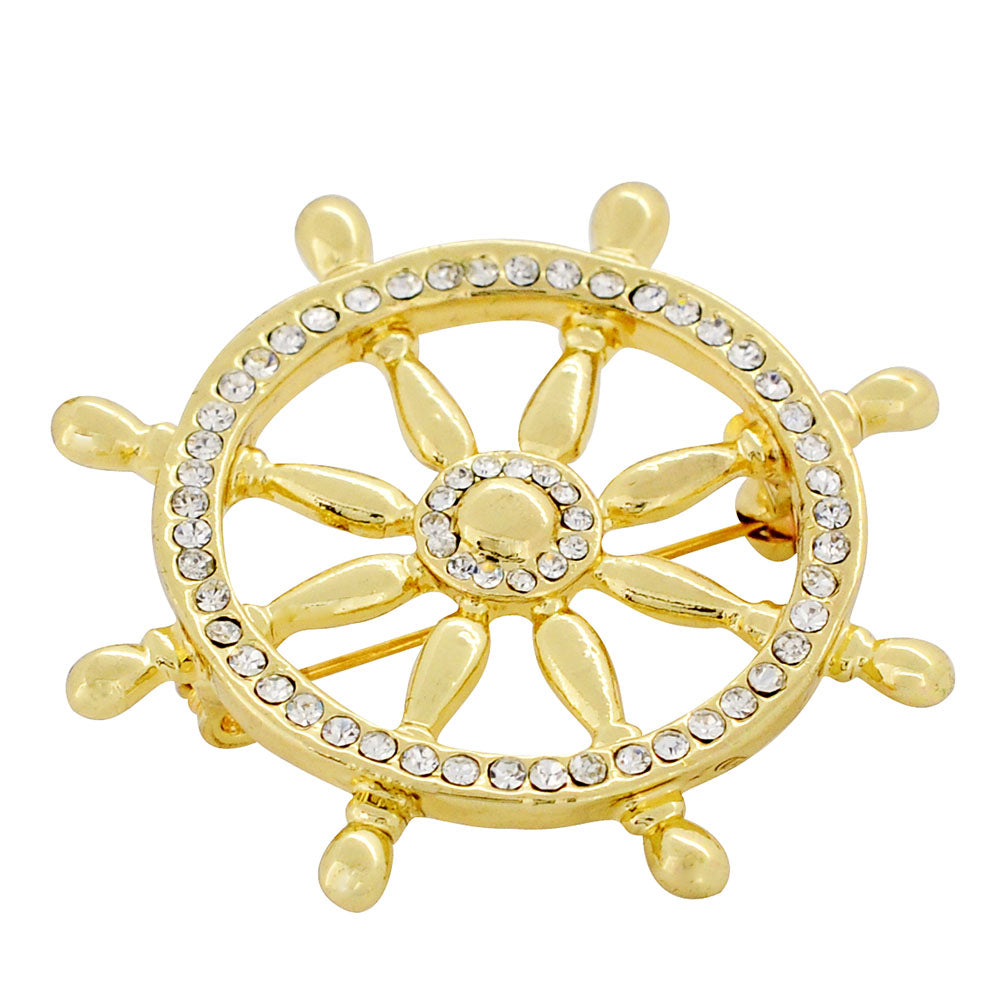 Golden Ships Wheel Crystal Brooch Pin