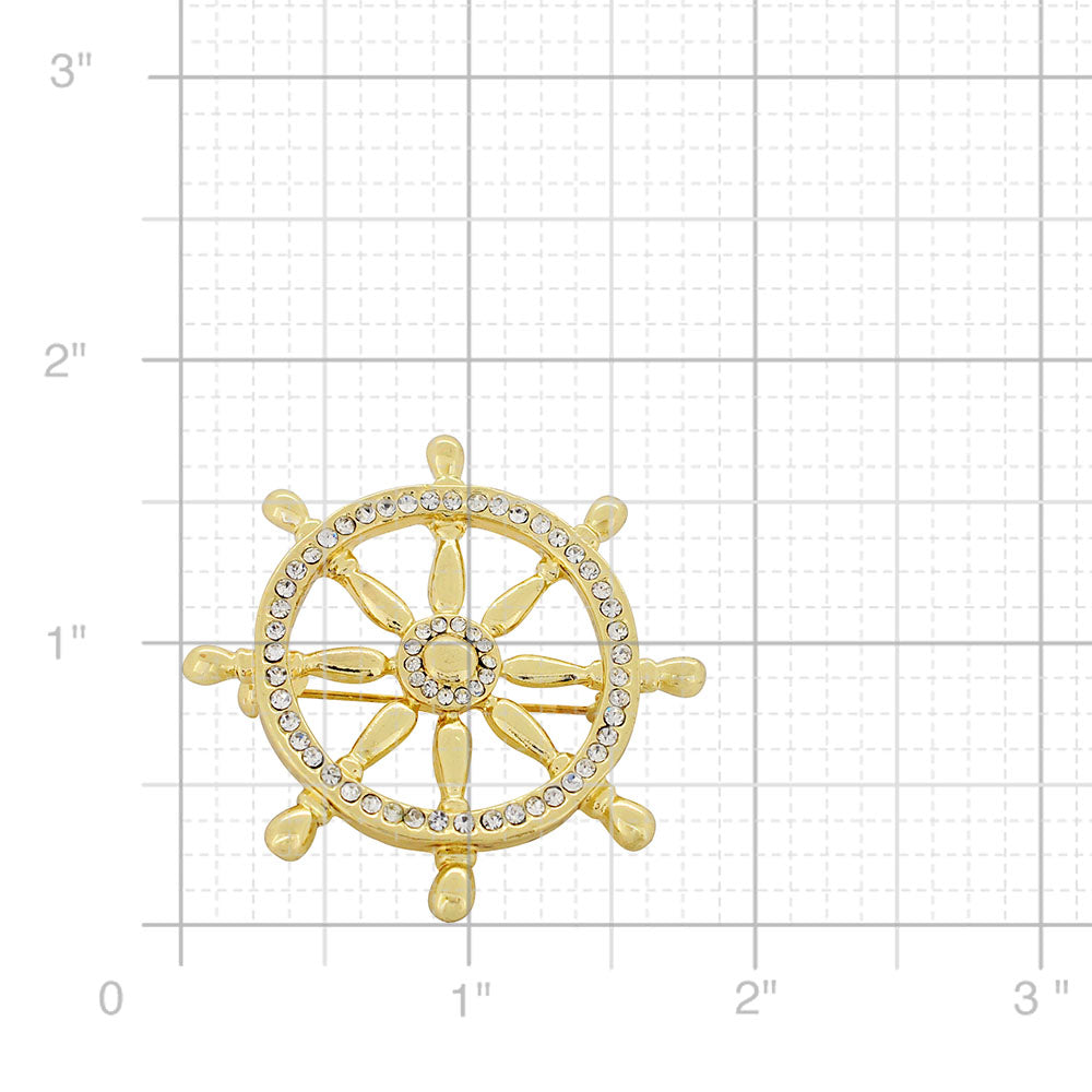 Golden Ships Wheel Crystal Brooch Pin