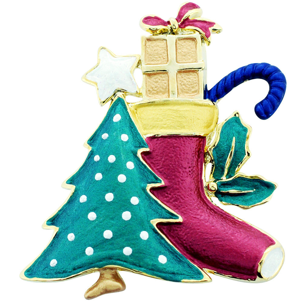 Under the Tree Christmas Stocking Pin Brooch