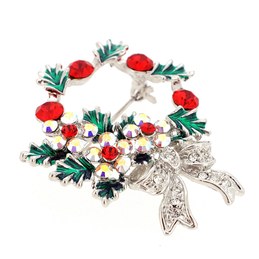 Multicolor Christmas Wreath Crystal Brooch Pin