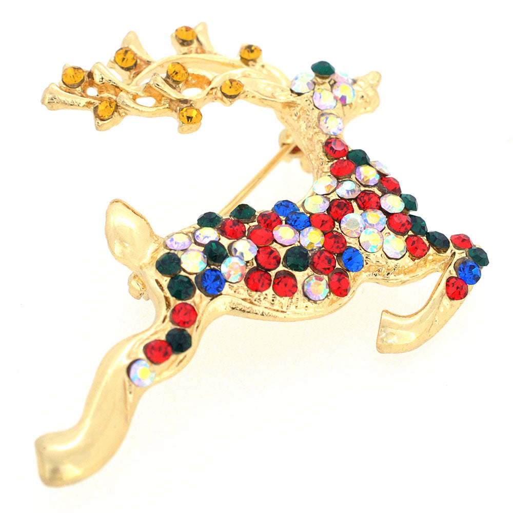 Multicolor Christmas Reindeer Swarovski Crystal Pin Brooch