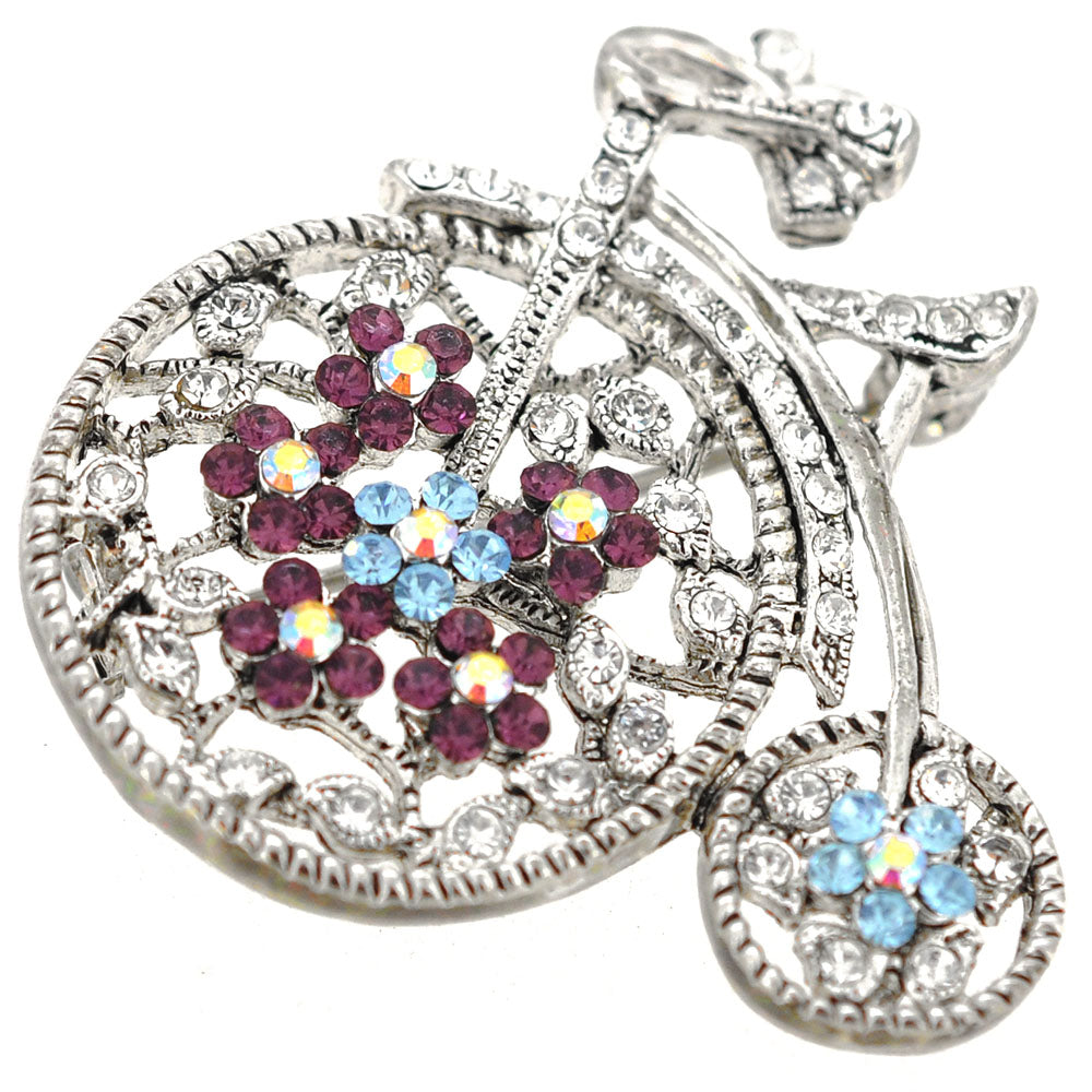 Silver Penny-farthing Crystal Bicycle Pin Brooch