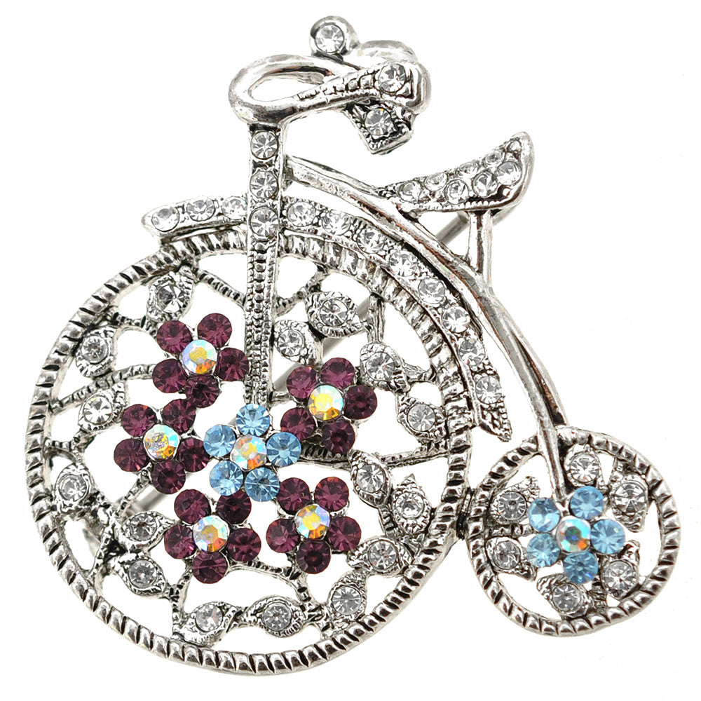 Silver Penny-farthing Crystal Bicycle Pin Brooch