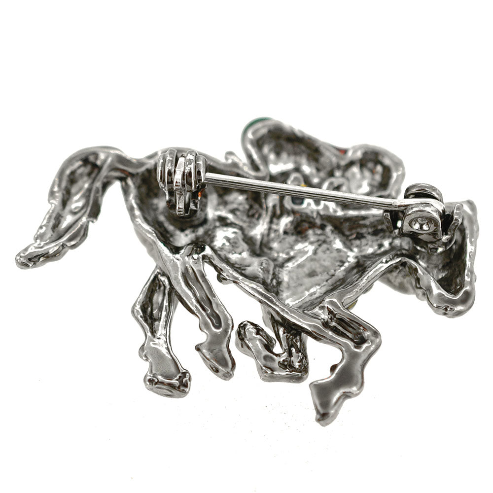 Silver Race Horse Racing Crystal Brooch Pin