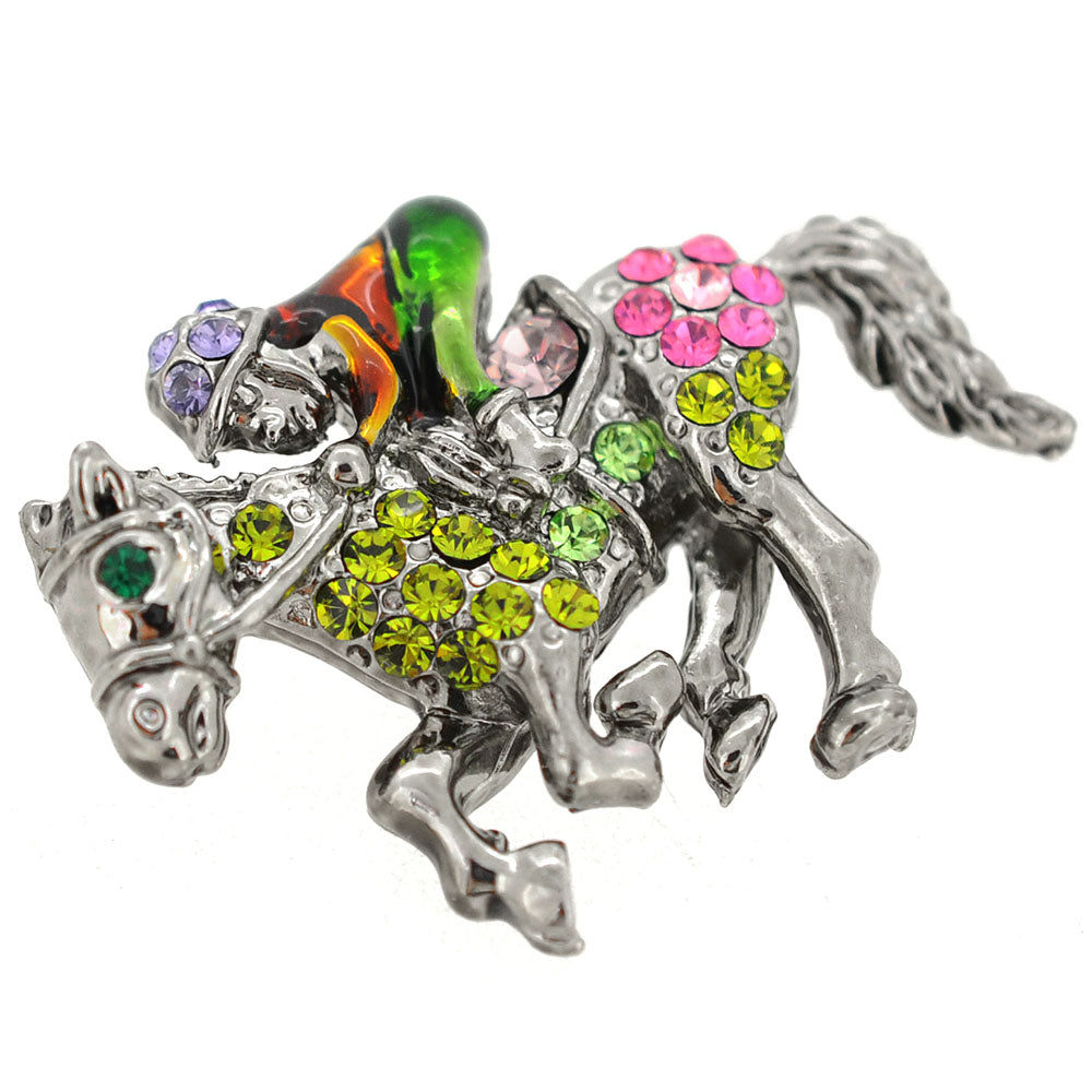 Silver Race Horse Racing Crystal Brooch Pin