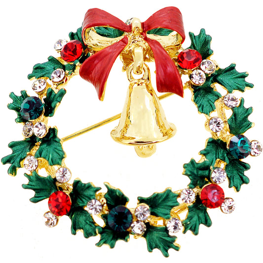 Christmas Wreath With Bell Swarovski Crystal Pin Brooch