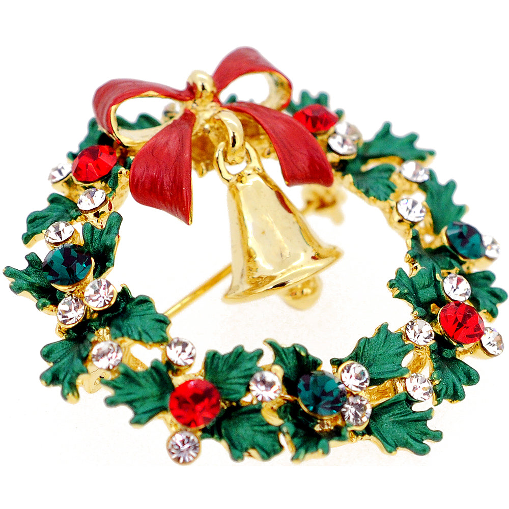 Christmas Wreath With Bell Swarovski Crystal Pin Brooch