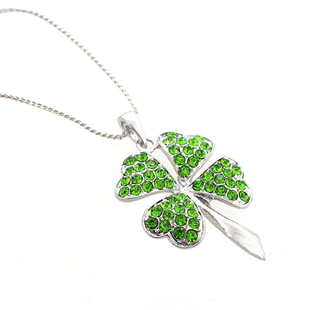 Green Crystal Lucky 4 Leaf Clover Flower Pendant