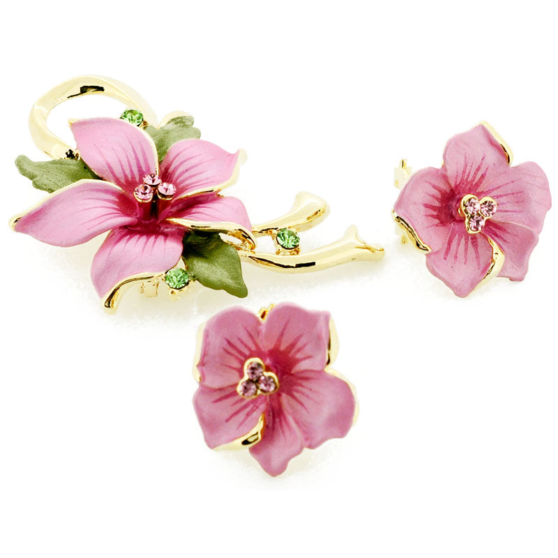 Pink Poinsettia Swarovski Crystal Flower Pin Brooch And Earrings Gift Set