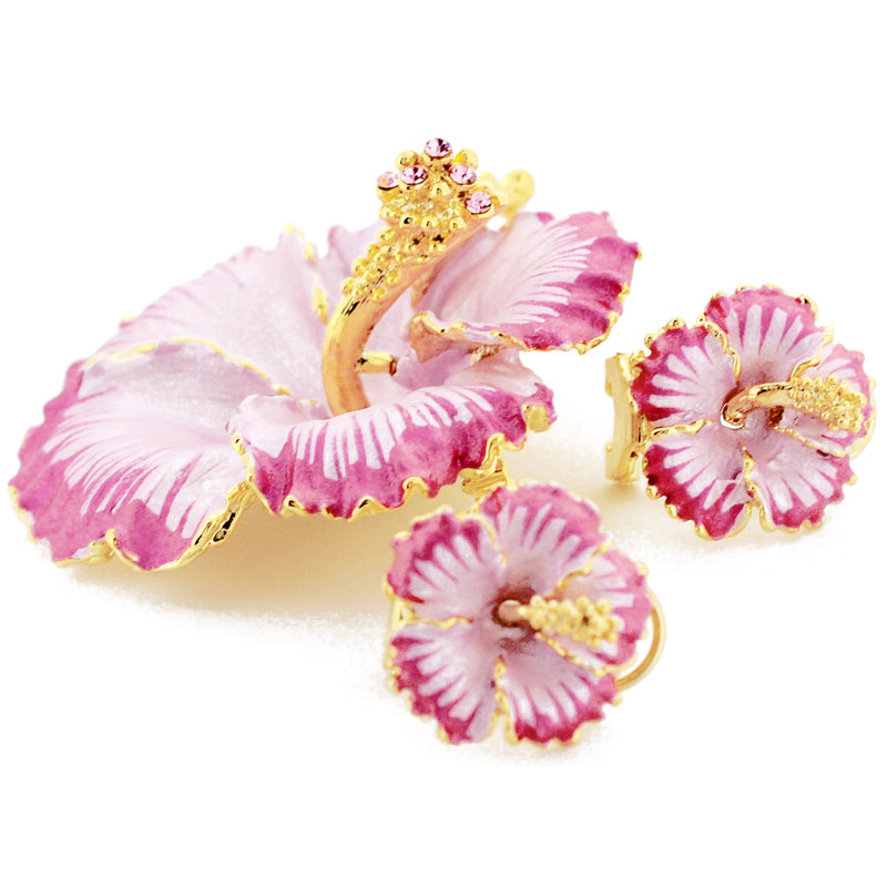 Fuchsia Pink Hawaiian Hibiscus Swarovski Crystal Flower Pin Brooch And Earrings Gift Set