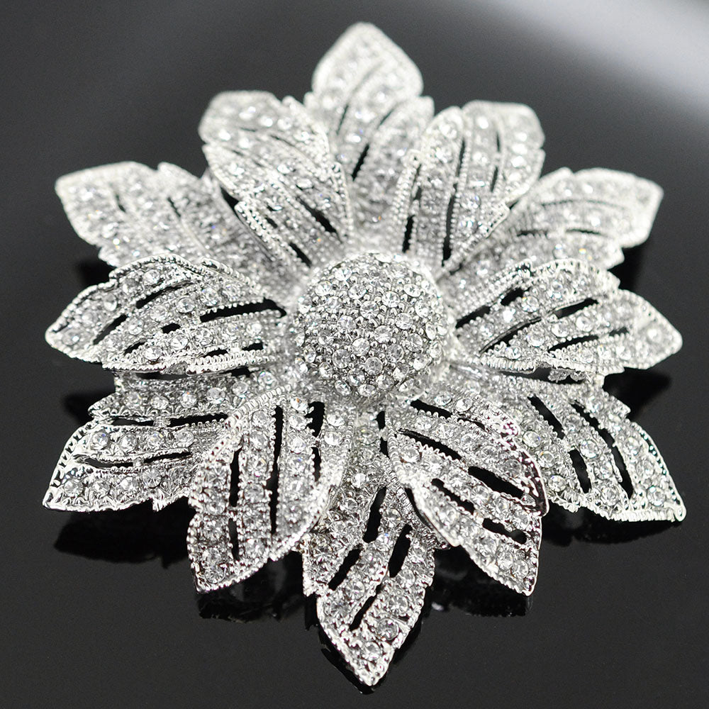 Silver Chrome Flower Crystal Pin Brooch