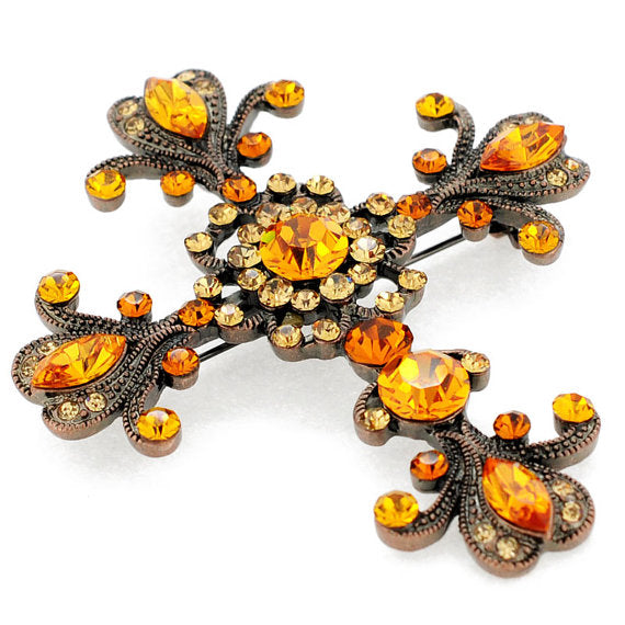 Topaz Brown Floral Style Crystal Cross Pin Brooch And Pendant