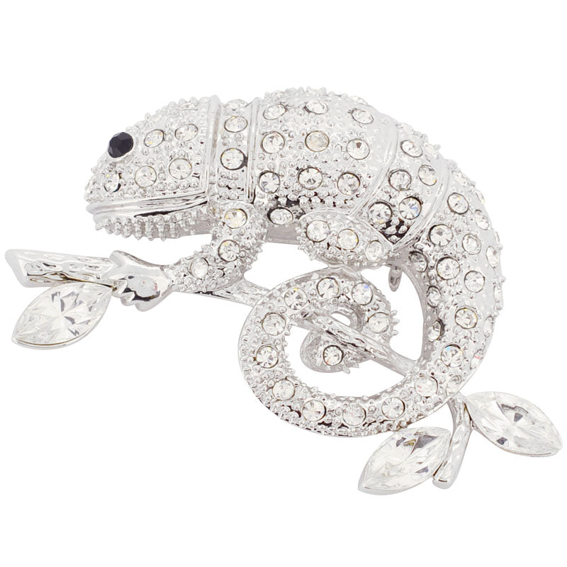 Silver Chameleon Reptile Crystal  Pin Brooch
