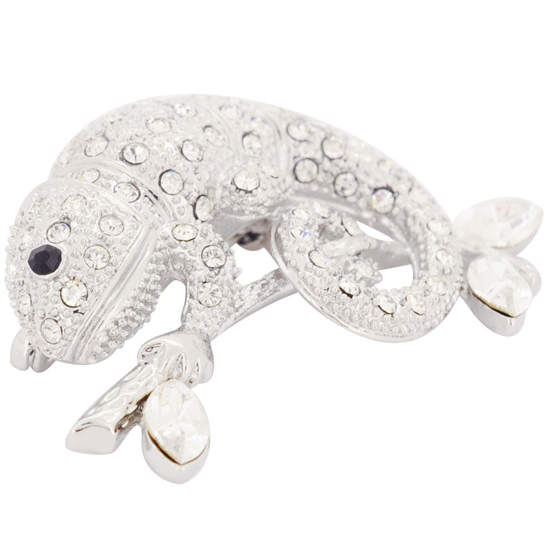 Silver Chameleon Reptile Crystal  Pin Brooch