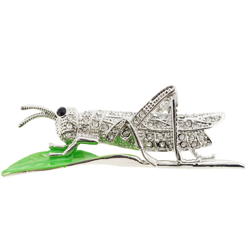 Silver Grasshopper Crystal Brooch Pin