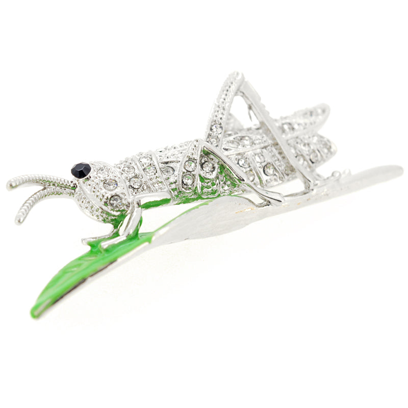 Silver Grasshopper Crystal Brooch Pin