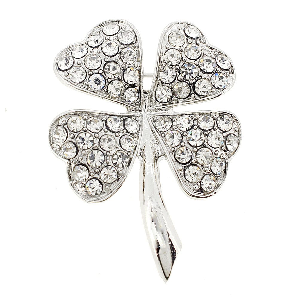 Silver St. Patrick's Day Four Leaf Clover Crystal Pin Brooch