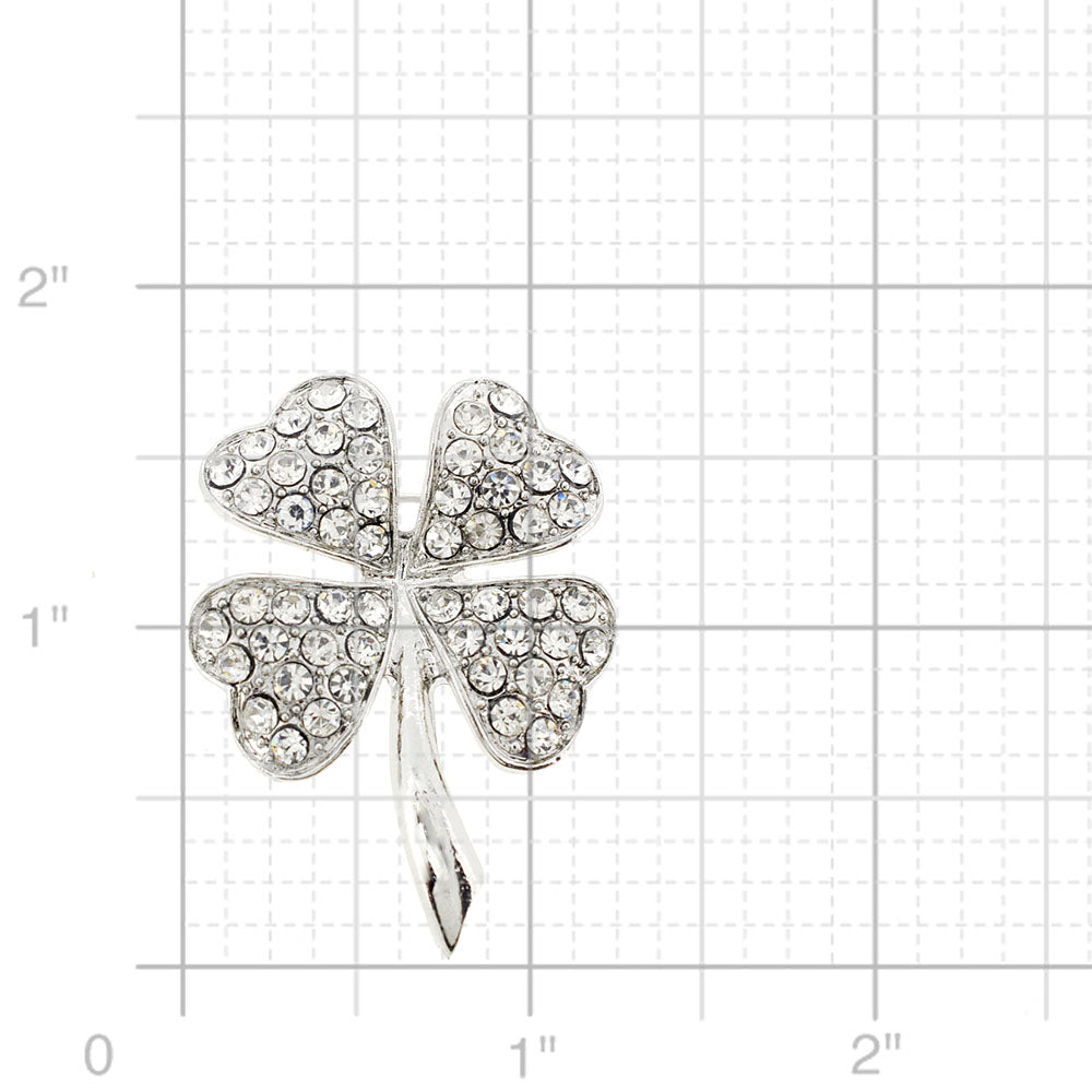 Silver St. Patrick's Day Four Leaf Clover Crystal Pin Brooch