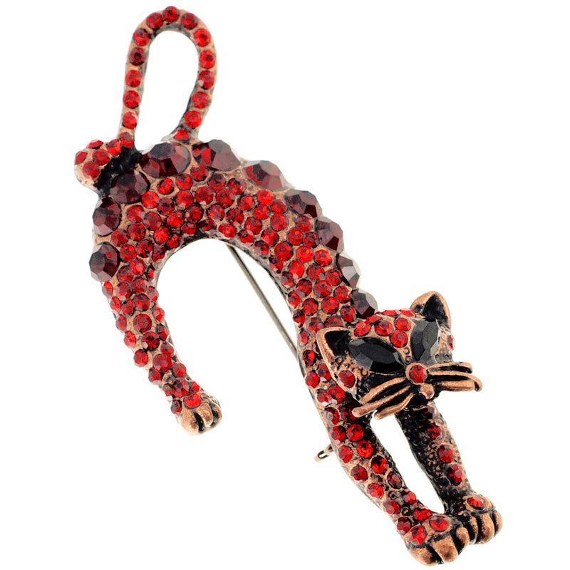 Red Ruby Stretching Cat Crystal Pin Brooch